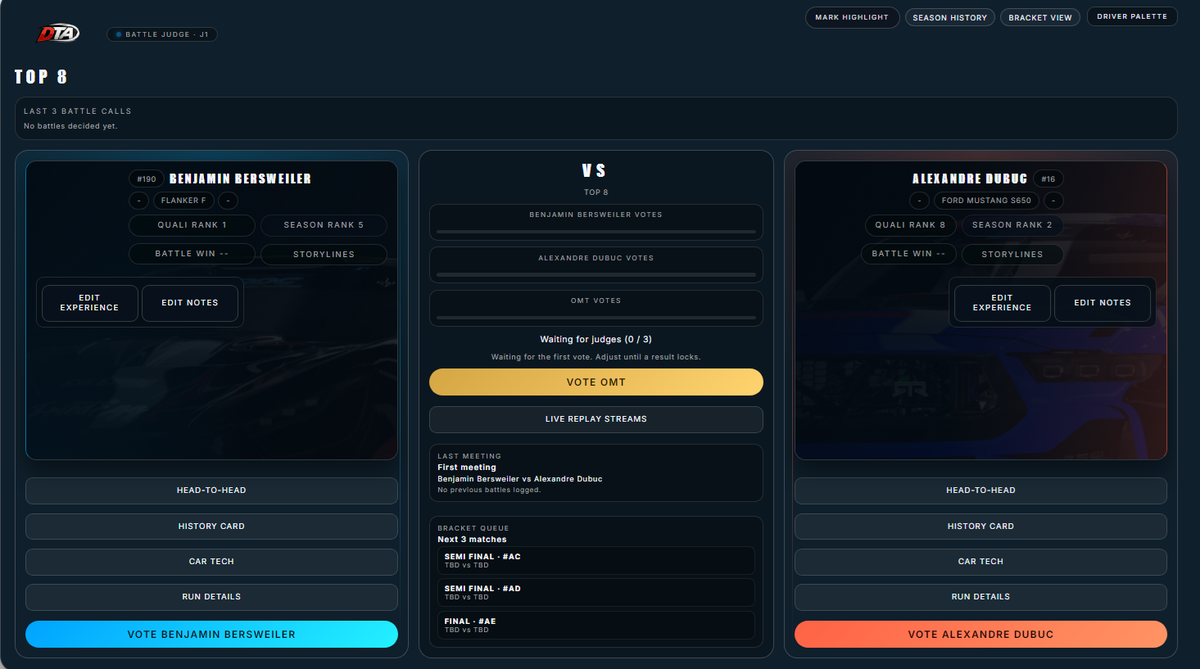 Battle judging view with live replay cues.