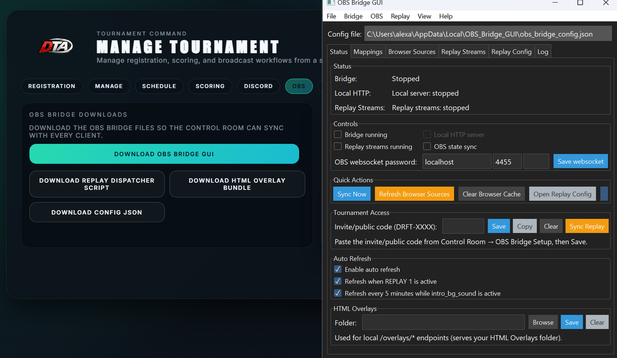 OBS Bridge desktop app sync screen.