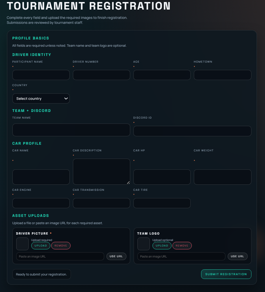 Driver registration form with asset capture fields.